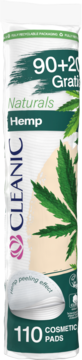 Cleanic Naturals Hemp 110 płatków kosmetycznych z efektem peelingu, biało-zielone opakowanie z liściem konopi.