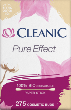 Front opakowania Cleanic Pure Effect patyczki kosmetyczne, beżowe z różowymi kwiatami, bawełniane główki, papierowy patyczek.