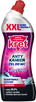 Kret XXL Antykamień Żel do WC w fioletowo-białej butelce z czerwoną nakrętką, widok z przodu.