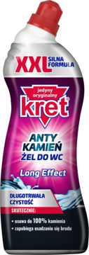 Kret Anty Kamień Żel do WC Long Effect w biało-fioletowej butelce XXL z czerwoną nakrętką, widok z przodu.