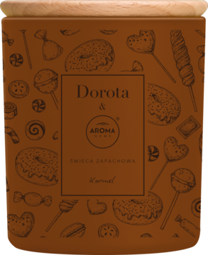 Świeca zapachowa Dorota & Aroma Home o zapachu karmelu, w brązowym słoiku z ilustracjami słodyczy.