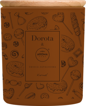 Świeca zapachowa Dorota & Aroma Home o zapachu karmelu, w brązowym słoiku z ilustracjami słodyczy.