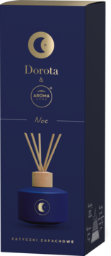Dyfuzor zapachowy Dorota & Aroma Home Noc, granatowa butelka z księżycem i patyczkami, w eleganckim opakowaniu.
