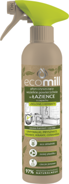 ECOMILL płyn do łazienki Zielona Herbata, butelka spray z zieloną nakrętką, widok z przodu.