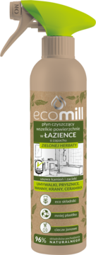 Ecomill płyn do łazienki, zielona herbata, brązowa butelka z jaskrawozielonym spryskiwaczem, widok z przodu.