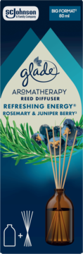 Glade Aromatherapy Reed Diffuser Rosemary & Juniper Berry, 80ml, niebieskie opakowanie z rozmarynem i jałowcem.