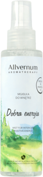 Przezroczysta butelka Allvernum Aromatherapy mgiełki do wnętrz Dobra energia, biała etykieta z zielonym krajobrazem.