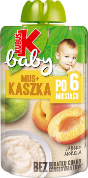 Kubuś baby mus kaszka jabłko morela, saszetka, niemowlę, owoce i kasza, napis Po 6 miesiącu, przód.