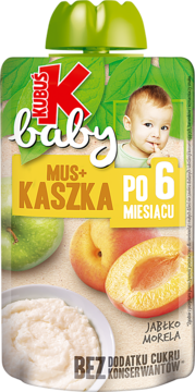 Kubuś baby mus kaszka jabłko morela, saszetka, niemowlę, owoce i kasza, napis Po 6 miesiącu, przód.