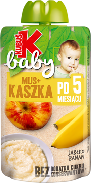 Mus+Kaszka Kubuś Baby jabłko-banan po 5 miesiącu, bez cukru. Front opakowania z dzieckiem i owocami.