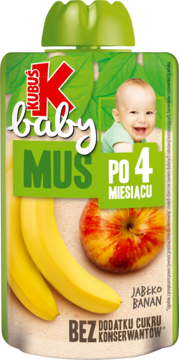 Zielona saszetka Kubuś Baby Mus Jabłko Banan dla dzieci po 4 miesiącu, bez cukru, widok z przodu.