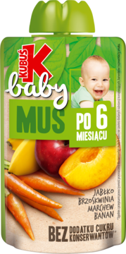 Kubuś baby mus owocowo-warzywny w zielonym opakowaniu, z jabłkiem, brzoskwinią, marchwią i bananem, od 6 miesiąca.