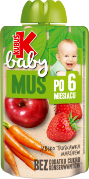 Kubuś Baby Mus, przecier owocowo-warzywny w zielonej tubce. Z jabłkiem, truskawką i marchwią, dla dzieci po 6 miesiącu.