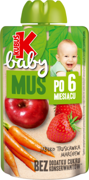 Kubuś Baby Mus, przecier owocowo-warzywny w zielonej tubce. Z jabłkiem, truskawką i marchwią, dla dzieci po 6 miesiącu.