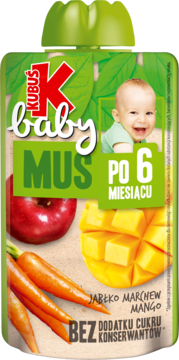Zielony mus Kubuś baby jabłko, marchew, mango w saszetce, dla dzieci po 6 miesiącu, widok z przodu.