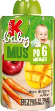 Zielony mus Kubuś baby jabłko, marchew, mango w saszetce, dla dzieci po 6 miesiącu, widok z przodu.