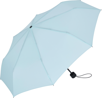 Parasol mini w delikatnym, jasnoniebieskim kolorze, otwarty i widoczny z góry pod kątem.