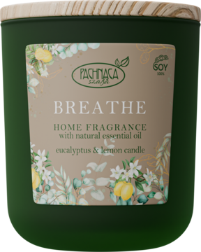 Zielona świeca sojowa Pachamaca BREATHE eucalyptus & lemon z drewnianą pokrywką, widok z przodu.