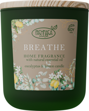Zielona świeca sojowa Pachamaca BREATHE eucalyptus & lemon z drewnianą pokrywką, widok z przodu.