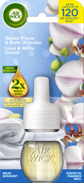 Air Wick Linen & White Orchid scented oil refill, 2x essential oils. Blue packaging with orchids & diffuser.