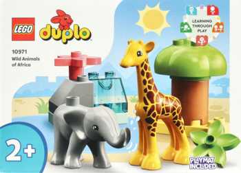 Zestaw LEGO DUPLO 10971 Dzikie zwierzęta Afryki na opakowaniu: szary słoń, żółta żyrafa, zielone drzewo.