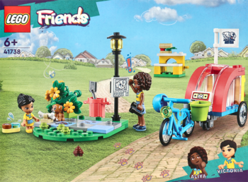 LEGO Friends 41738 Rower do ratowania psów: Aliya i Victoria w parku z niebieskim rowerem i czerwoną przyczepką.