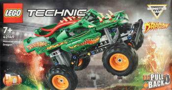 Pudełko LEGO Technic Monster Jam Dragon (42149) z zielonym monster truckiem i smoczymi detalami.