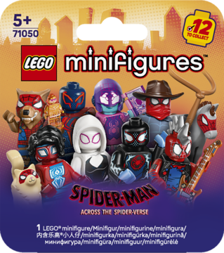 Paczka LEGO Minifigures Spider-Man Across the Spider-Verse, z 8 figurkami z 12 do zebrania.