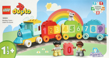 Opakowanie LEGO DUPLO 10954 Pociąg z cyferkami: kolorowy pociąg z klockami 0-9, figurkami ludzi i psa, wiek 1.5+.