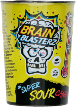 Żółty kubek Brain Blasterz Super Sour Candy, mega kwaśne cukierki z czaszką i miernikiem 5/5, widok z przodu.