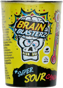 Żółty kubek Brain Blasterz Super Sour Candy, mega kwaśne cukierki z czaszką i miernikiem 5/5, widok z przodu.