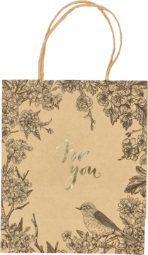 Brązowa torebka prezentowa z papieru kraft, z eleganckim kwiatowym wzorem i napisem 'For you' na froncie.