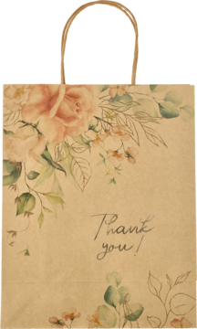 Stylowa brązowa torebka prezentowa z papieru, z różami, liśćmi eukaliptusa i napisem 'Thank you!', widok z przodu.