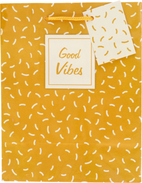 Pomarańczowa torebka papierowa 18x23 cm z białym deseniem i napisem 'Good Vibes', widok z przodu.
