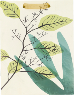 Mała torebka prezentowa "Leaves" 18x23cm z wzorem zielonych liści i gałązek na białym tle, widok z przodu.