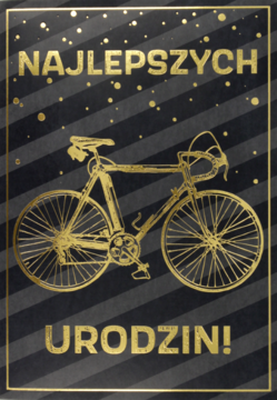 Karnet urodzinowy w pionie, czarny z ukośnymi paskami, złotym rowerem i napisem "NAJLEPSZYCH URODZIN!"