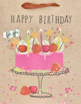 Brązowa torba prezentowa urodzinowa z różowym tortem, świeczkami, konfetti i napisem Happy Birthday.