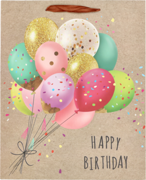 Ozdobna brązowa torebka urodzinowa ze złotymi i kolorowymi balonami, konfetti i napisem HAPPY BIRTHDAY.
