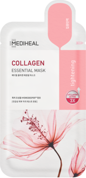 Frontalny widok białej maseczki Mediheal Collagen Essential Mask, różowe akcenty i kwiaty.