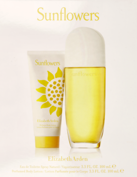 Elizabeth Arden Sunflowers zestaw: żółty flakon perfum i biały balsam do ciała z kwiatem słonecznika, widok z przodu.