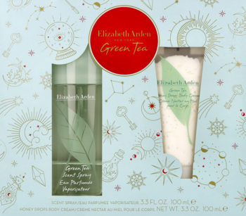Zestaw Elizabeth Arden Green Tea: zielony flakon perfum i biała tuba kremu do ciała, na błękitnym tle ze świątecznymi wzorami.