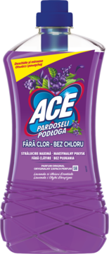 Fioletowy płyn do podłóg Ace Lawenda i Olejki Eteryczne bez chloru, butelka, widok z przodu.