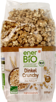 Opakowanie enerBiO Dinkel Crunchy 500g, torebka z brązową granolą orkiszową Bioland, widok z przodu.