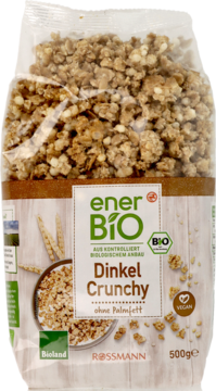 Opakowanie enerBiO Dinkel Crunchy 500g, torebka z brązową granolą orkiszową Bioland, widok z przodu.