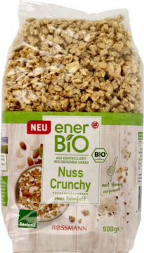 EnerBio Nuss Crunchy, organiczna granola z orzechami i miodem, 500g, w przezroczystej torbie, widok z przodu.