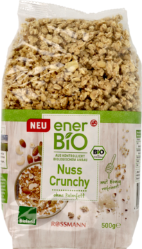 EnerBio Nuss Crunchy, organiczna granola z orzechami i miodem, 500g, w przezroczystej torbie, widok z przodu.