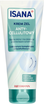 Isana ujędrniający krem-żel antycellulitowy w białej tubce, turkusowa etykieta, logo Rossmann, widok frontalny.