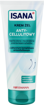 Isana Krem-Żel Antycellulitowy w białej tubce z turkusowym akcentem, widok z przodu, ujędrnia skórę.