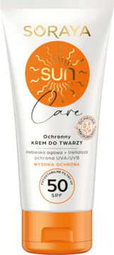 Soraya Sun Care krem do twarzy SPF 50, biała tubka z agawą i trehalozą, ochrona UVA/UVB, przód.