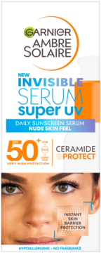 Garnier Ambre Solaire Invisible Serum Super UV SPF 50+, ochronne serum z ceramidami, białe opakowanie na wprost.